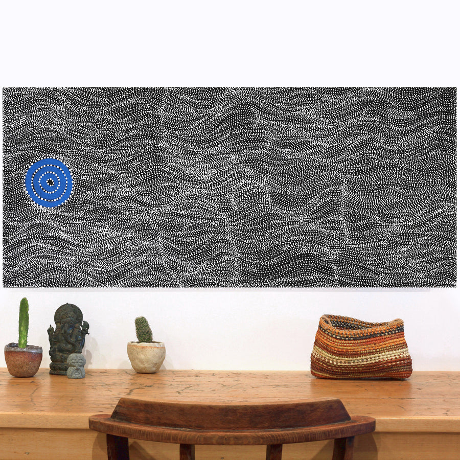 Aboriginal Artwork by Justinna Napaljarri Sims, Yanjirlpirri or Napaljarri-Warnu Jukurrpa (Star or Seven Sisters Dreaming), 107x46cm