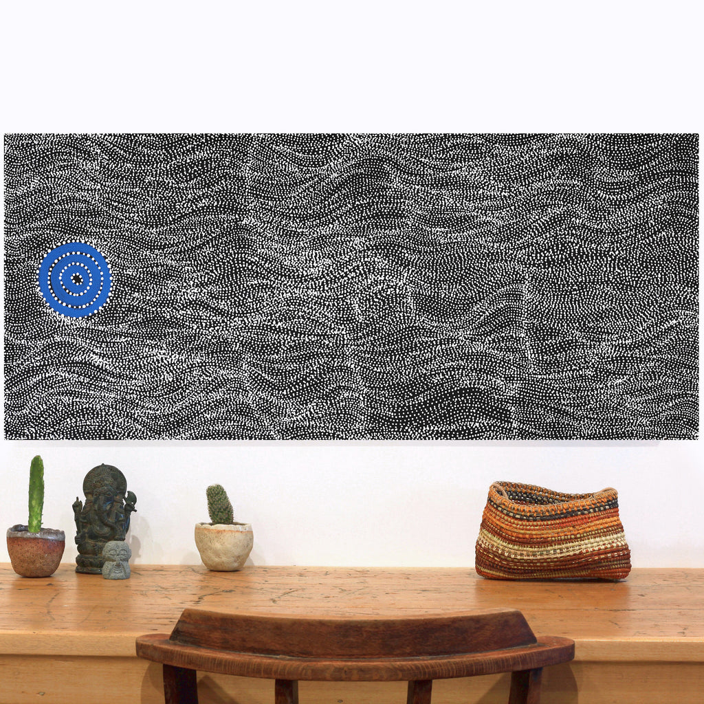 Aboriginal Artwork by Justinna Napaljarri Sims, Yanjirlpirri or Napaljarri-Warnu Jukurrpa (Star or Seven Sisters Dreaming), 107x46cm