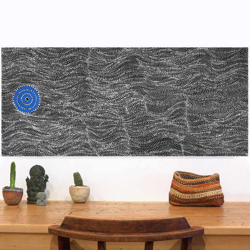 Aboriginal Artwork by Justinna Napaljarri Sims, Yanjirlpirri or Napaljarri-Warnu Jukurrpa (Star or Seven Sisters Dreaming), 107x46cm