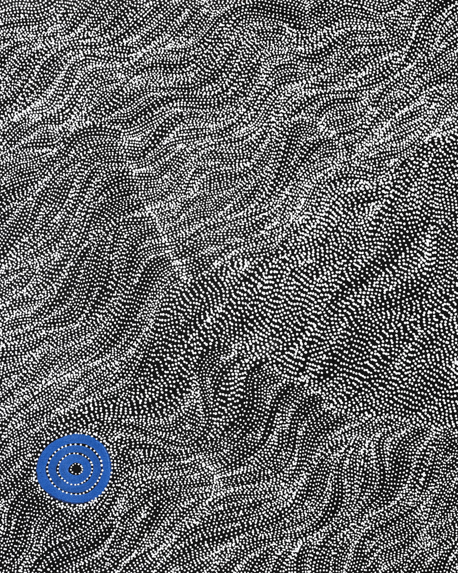 Aboriginal Artwork by Justinna Napaljarri Sims, Yanjirlpirri or Napaljarri-Warnu Jukurrpa (Star or Seven Sisters Dreaming), 107x76cm