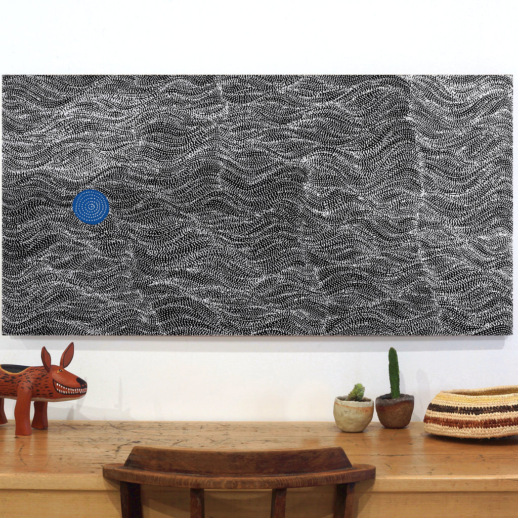 Aboriginal Artwork by Justinna Napaljarri Sims, Yanjirlpirri or Napaljarri-Warnu Jukurrpa (Star or Seven Sisters Dreaming), 122x61cm