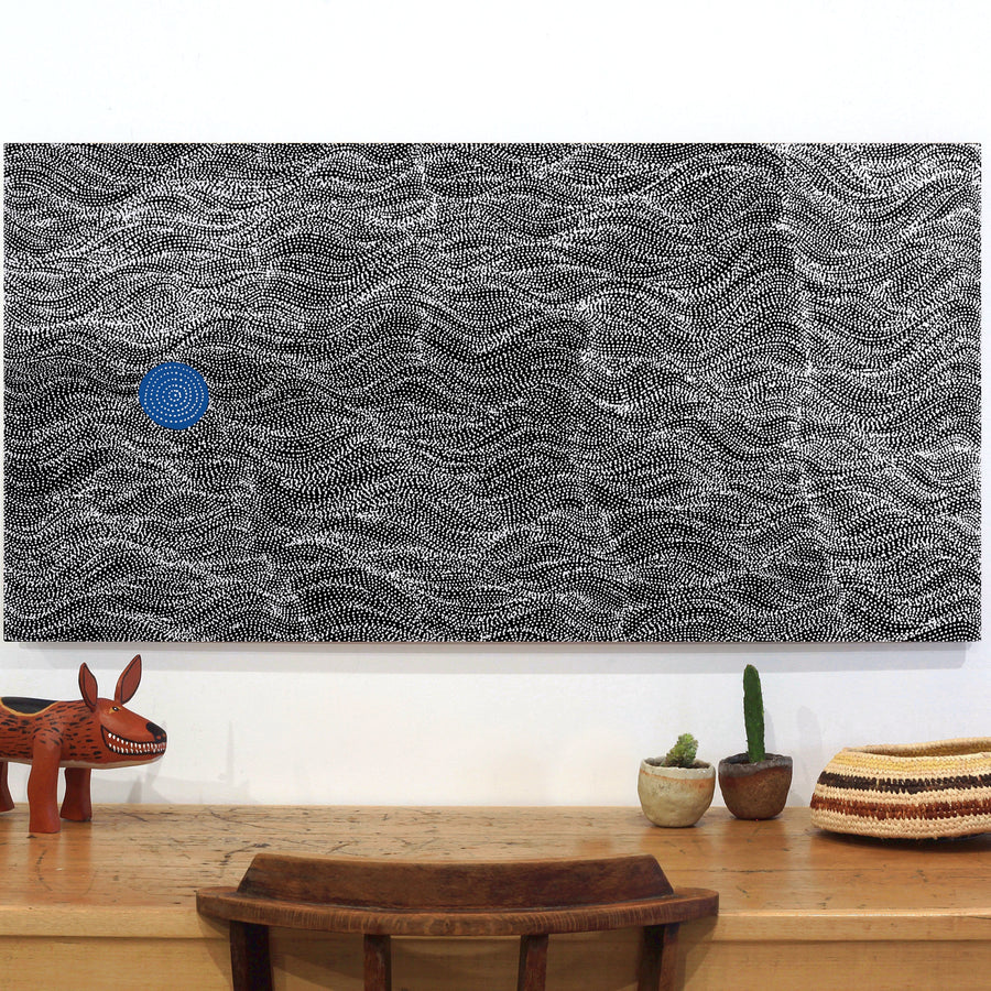 Aboriginal Artwork by Justinna Napaljarri Sims, Yanjirlpirri or Napaljarri-Warnu Jukurrpa (Star or Seven Sisters Dreaming), 122x61cm