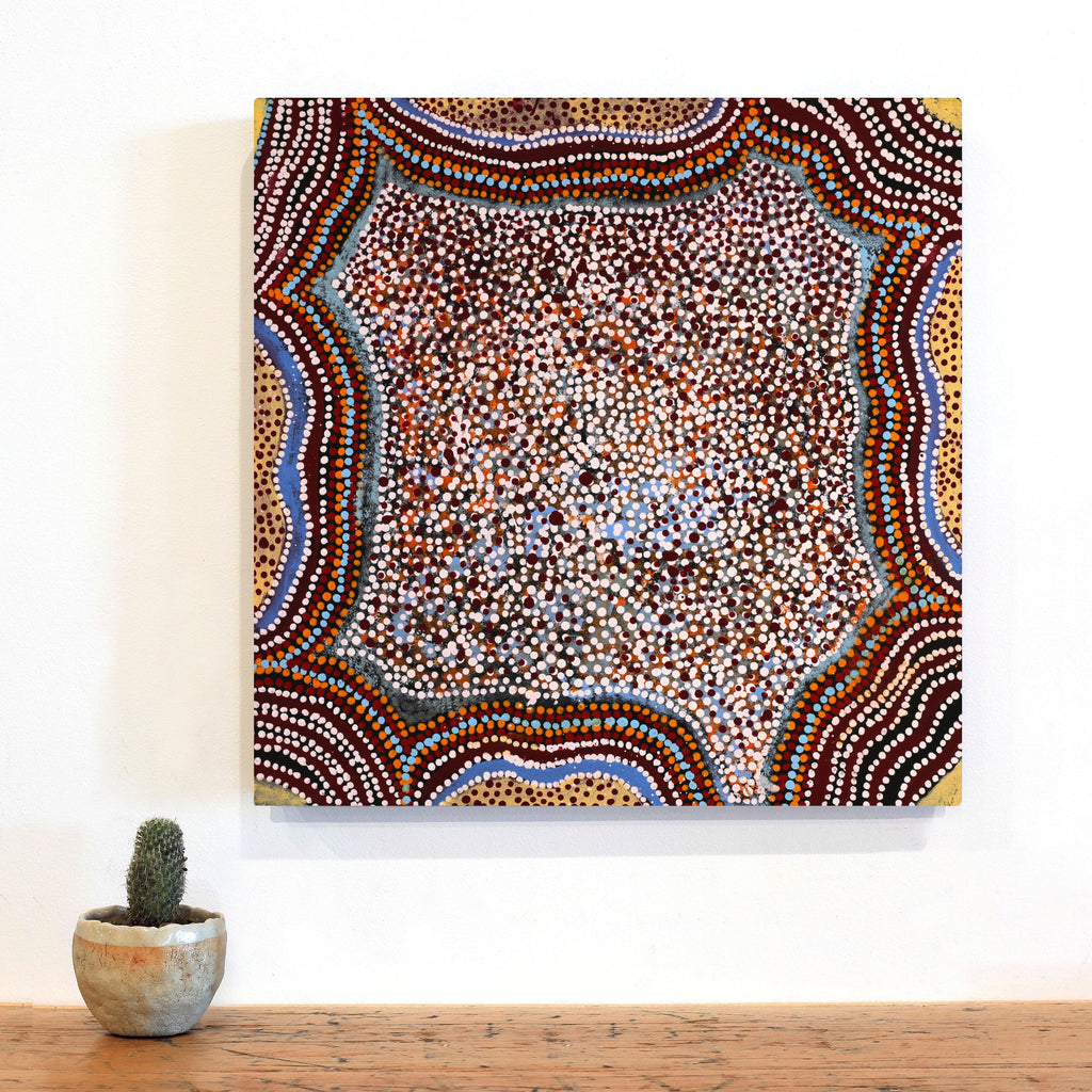 Aboriginal Artwork by Katrina Nampijinpa Brown, Watiya-warnu Jukurrpa (Seed Dreaming), 46x46cm