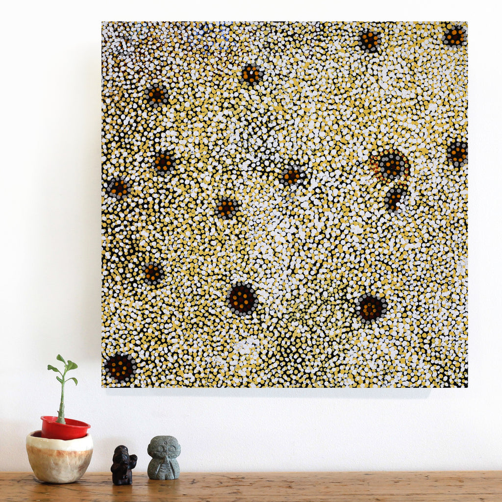 Aboriginal Artwork by Katrina Nampijinpa Brown, Watiya-warnu Jukurrpa (Seed Dreaming), 46x46cm