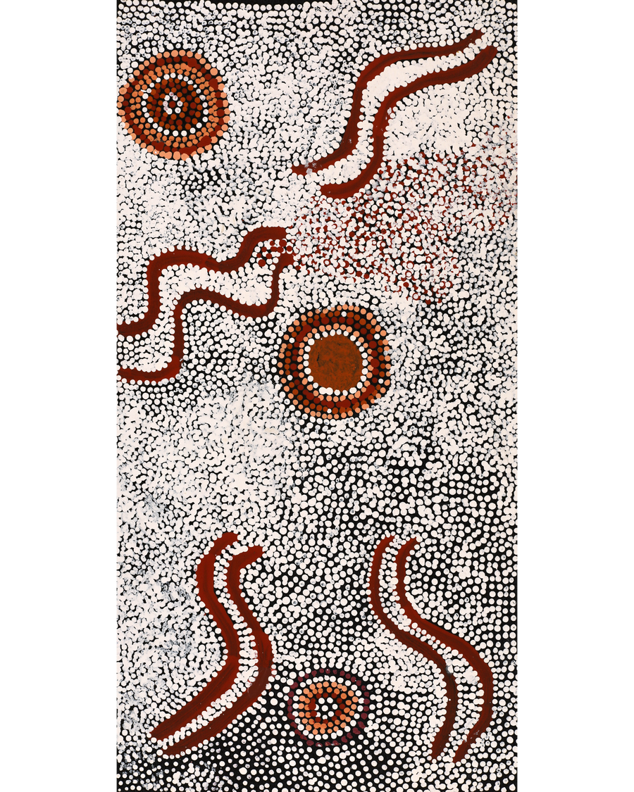 Aboriginal Artwork by Katrina Nampijinpa Brown, Watiya-warnu Jukurrpa (Seed Dreaming), 61x30cm