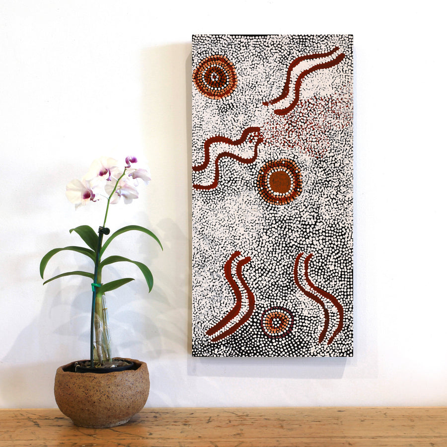 Aboriginal Artwork by Katrina Nampijinpa Brown, Watiya-warnu Jukurrpa (Seed Dreaming), 61x30cm