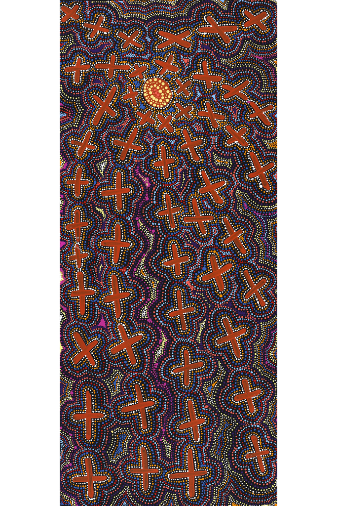 Aboriginal Art by Kershini Napaljarri Collins, Ngatijirri Jukurrpa (Budgerigar Dreaming), 107x46cm - ART ARK®