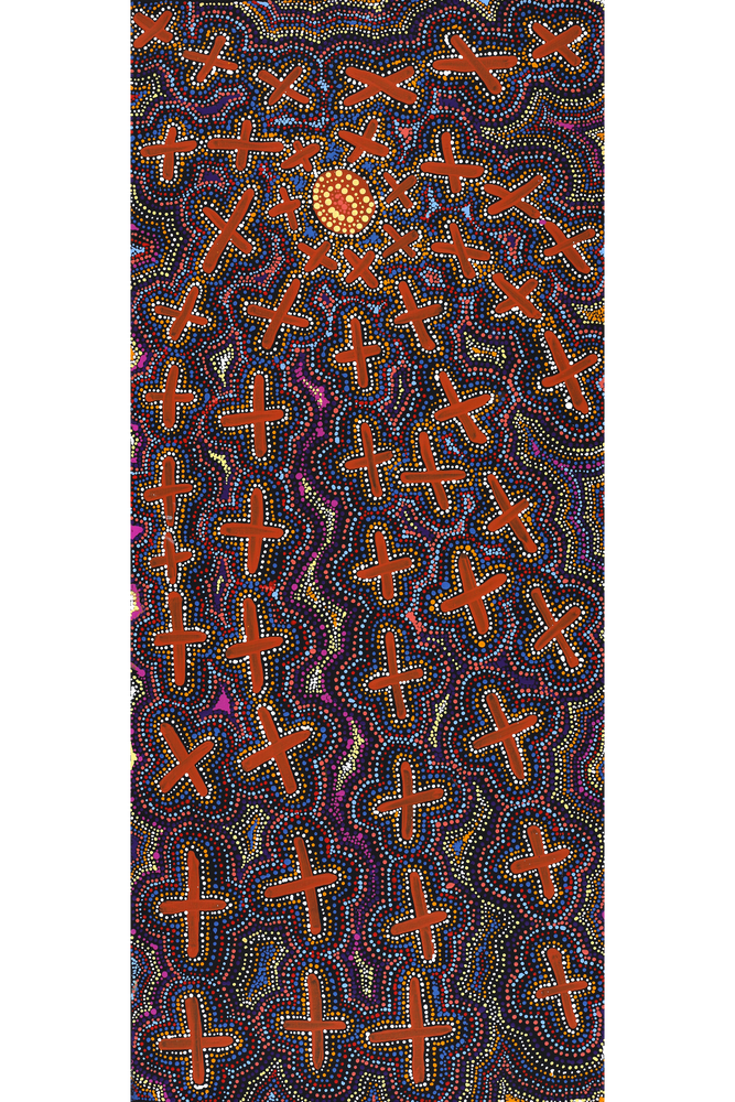 Aboriginal Artwork by Kershini Napaljarri Collins, Ngatijirri Jukurrpa (Budgerigar Dreaming), 107x46cm