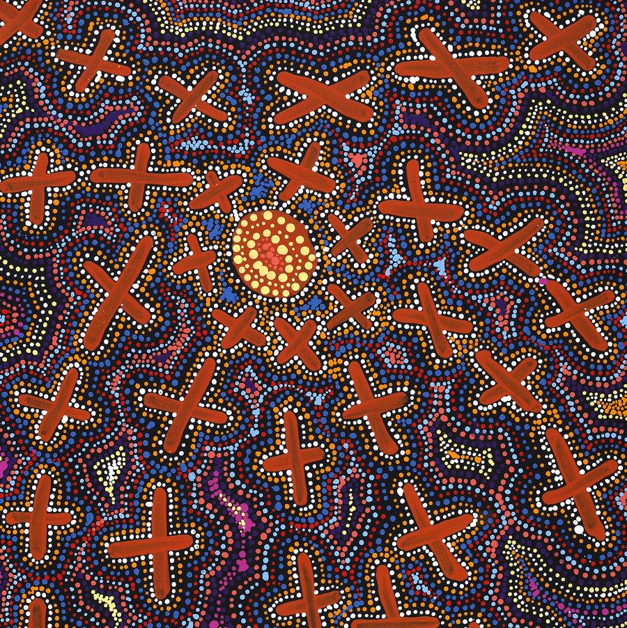 Aboriginal Artwork by Kershini Napaljarri Collins, Ngatijirri Jukurrpa (Budgerigar Dreaming), 107x46cm