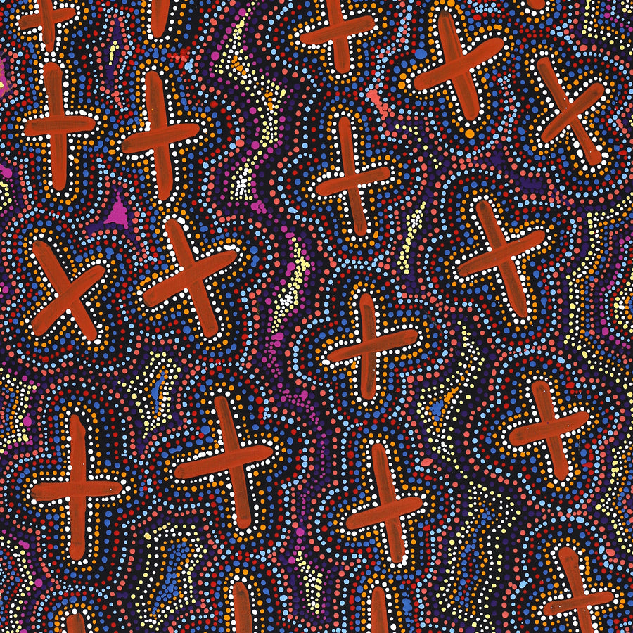 Aboriginal Artwork by Kershini Napaljarri Collins, Ngatijirri Jukurrpa (Budgerigar Dreaming), 107x46cm