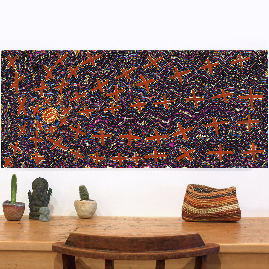 Aboriginal Artwork by Kershini Napaljarri Collins, Ngatijirri Jukurrpa (Budgerigar Dreaming), 107x46cm