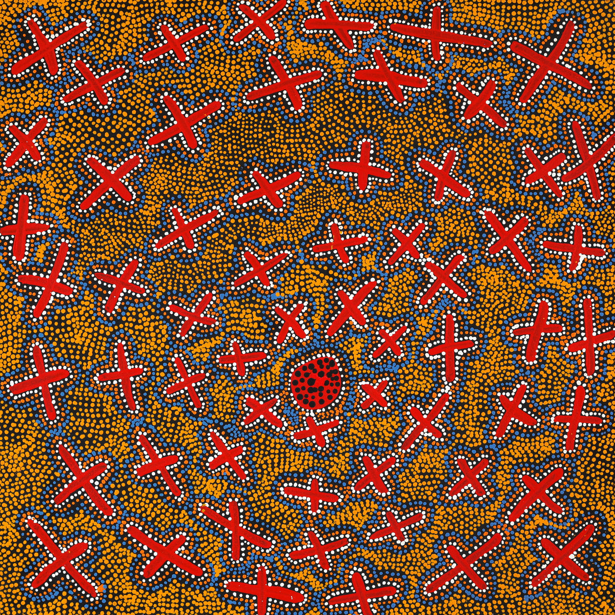 Aboriginal Artwork by Kershini Napaljarri Collins, Ngatijirri Jukurrpa (Budgerigar Dreaming), 61x61cm