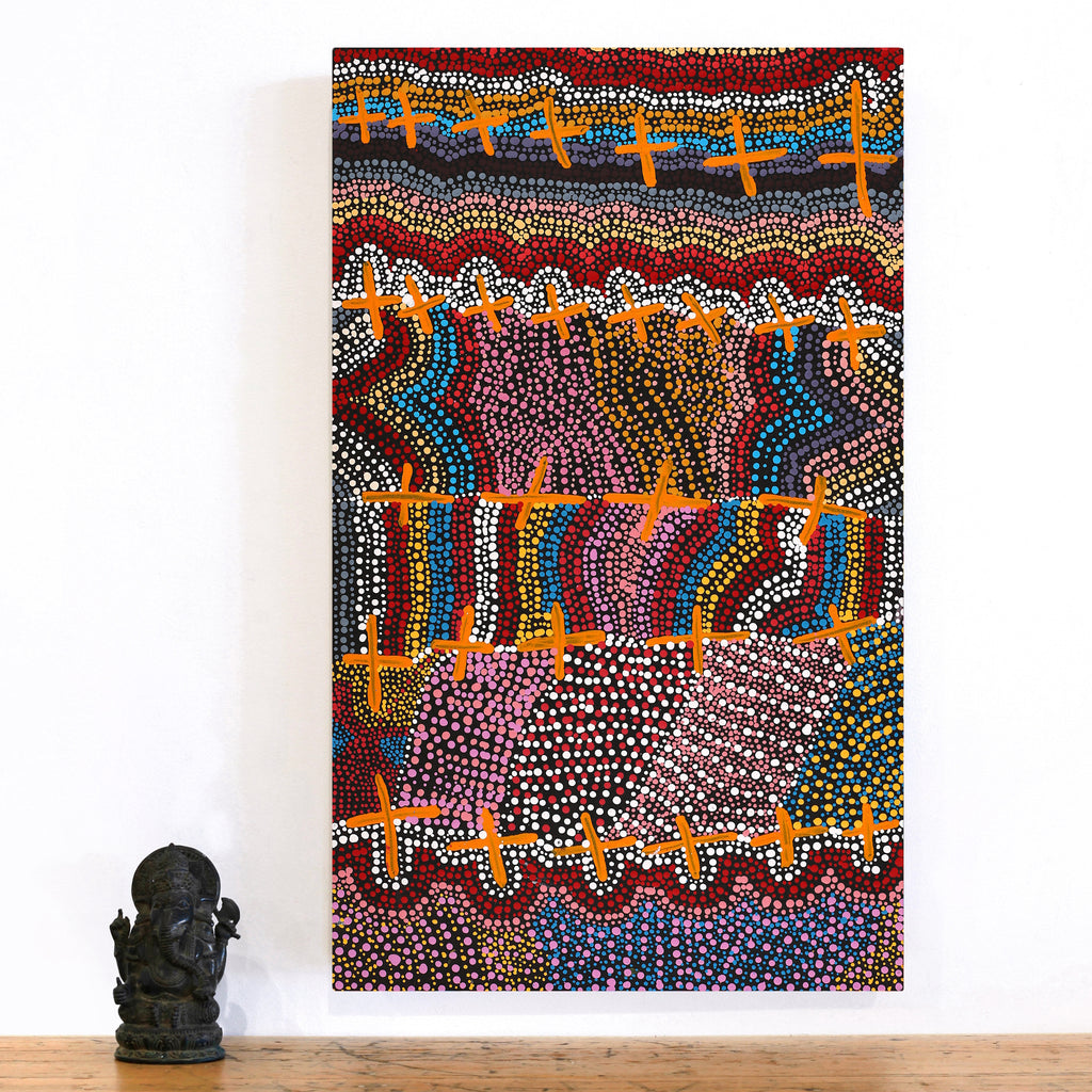 Aboriginal Artwork by Kershini Napaljarri Collins, Ngatijirri Jukurrpa (Budgerigar Dreaming), 76x46cm