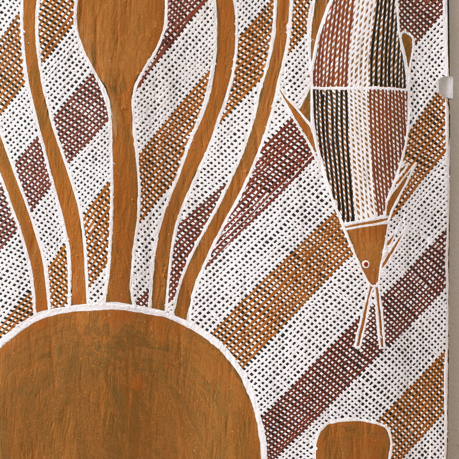Aboriginal Artwork by Kirby Brown, Birlmu or Namarnkorl (Barramundi),92x36cm Bark