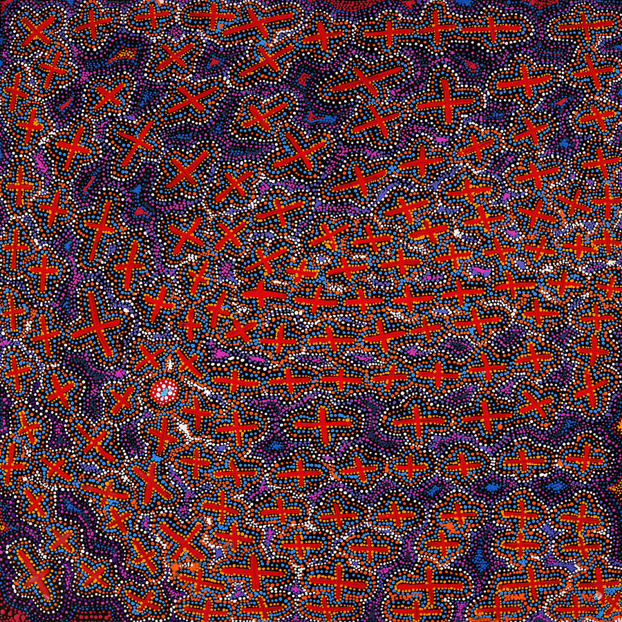 Aboriginal Artwork by Kershini Napaljarri Collins, Ngatijirri Jukurrpa (Budgerigar Dreaming), 91x91cm