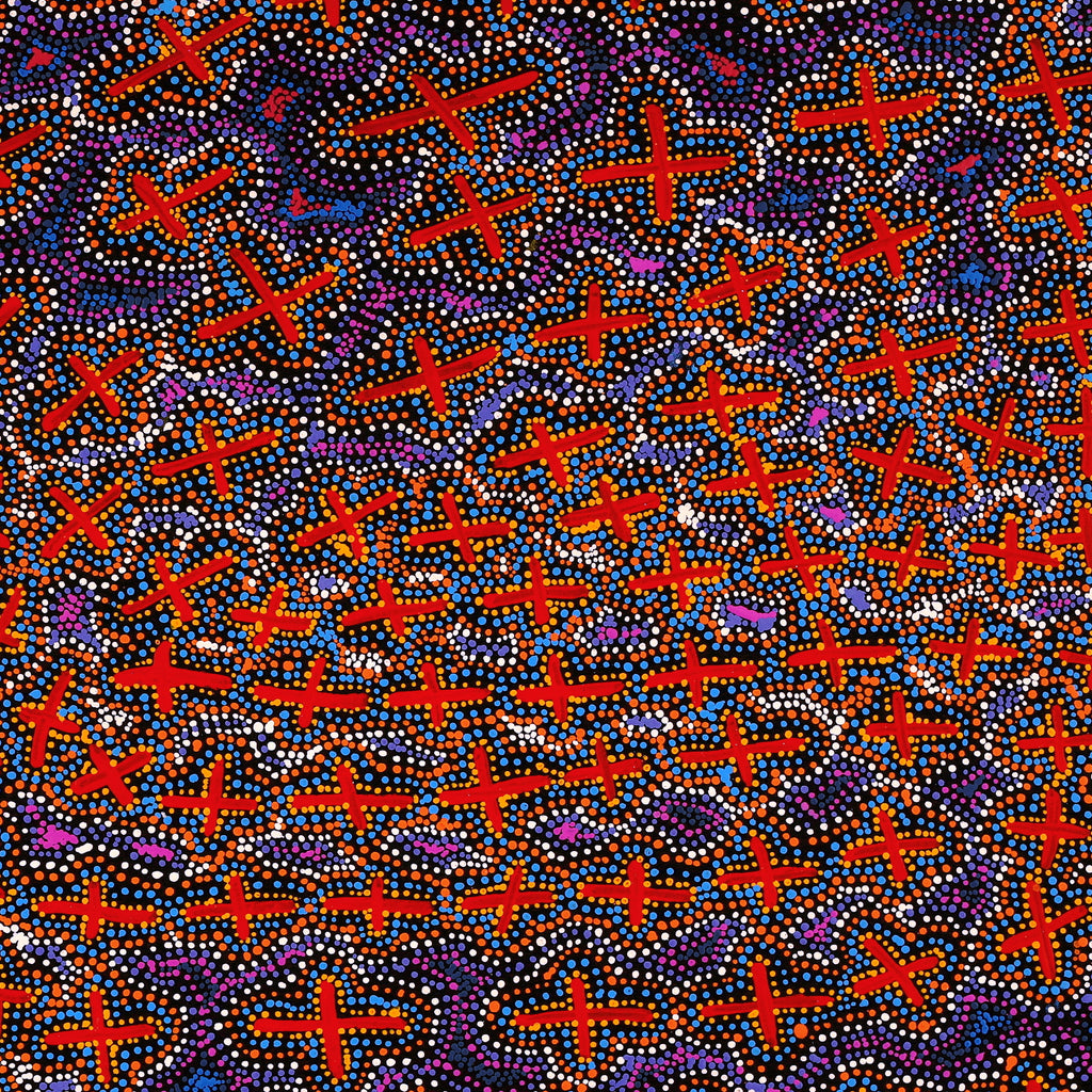 Aboriginal Artwork by Kershini Napaljarri Collins, Ngatijirri Jukurrpa (Budgerigar Dreaming), 91x91cm