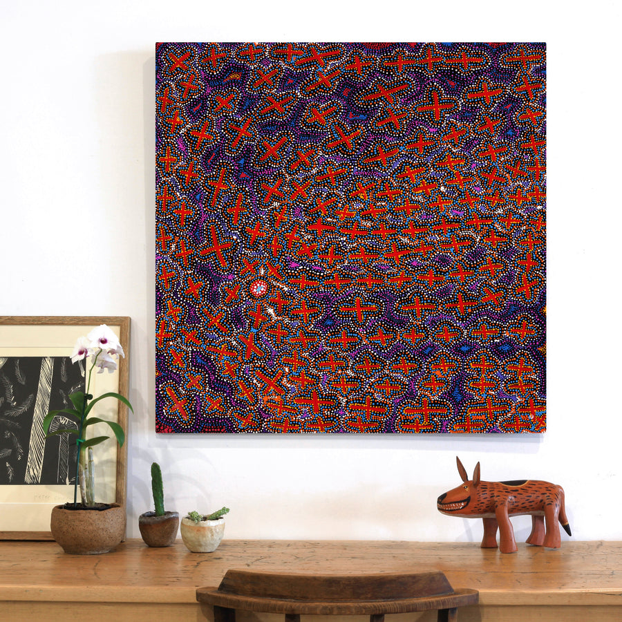 Aboriginal Artwork by Kershini Napaljarri Collins, Ngatijirri Jukurrpa (Budgerigar Dreaming), 91x91cm