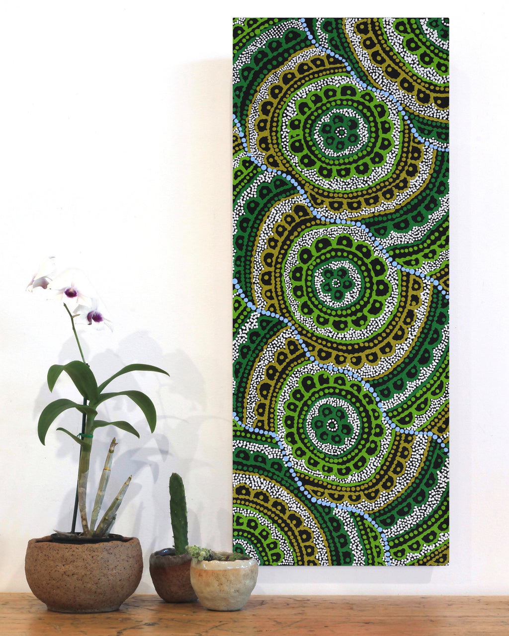 Aboriginal Artwork by Kirsty-Anne Napanangka Martin, Ngalyipi Jukurrpa (Snakevine Dreaming) - Mina Mina, 76x30cm