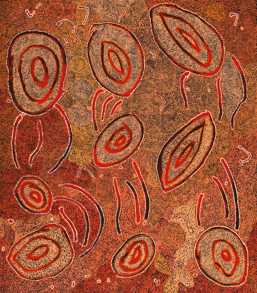 Aboriginal Artwork by Leston Japaljarri Spencer, Warna Jukurrpa (Snake Dreaming), 122x107cm