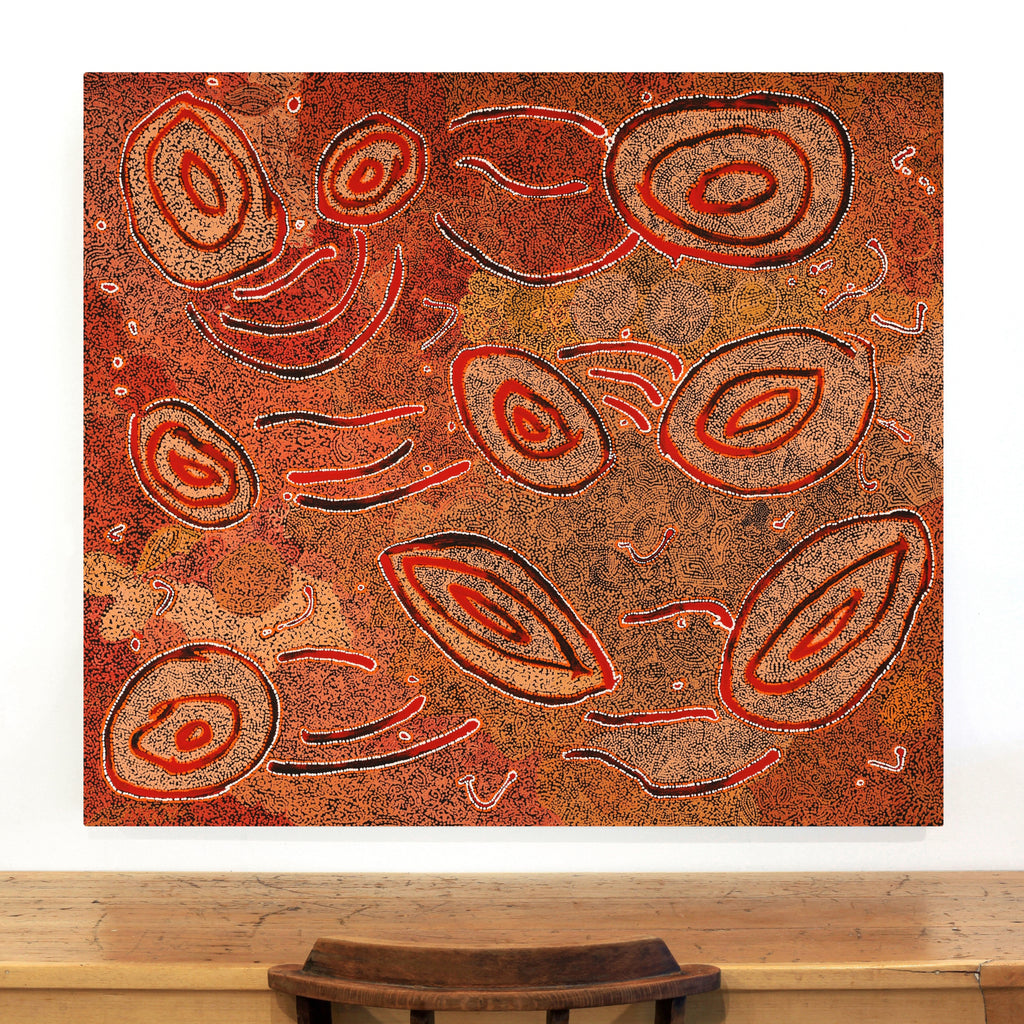 Aboriginal Artwork by Leston Japaljarri Spencer, Warna Jukurrpa (Snake Dreaming), 122x107cm