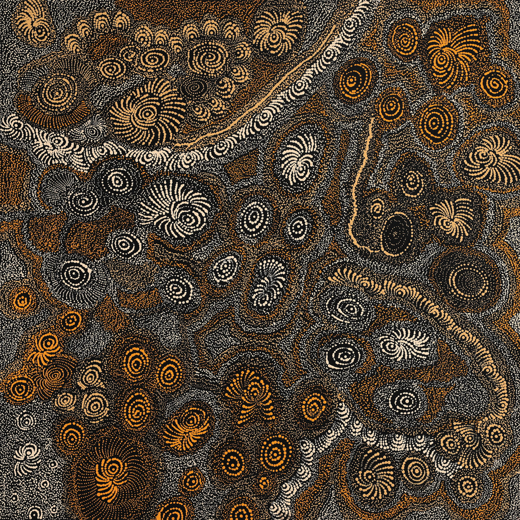 Aboriginal Artwork by Maria Nampijinpa Brown, Ngapa Jukurrpa - Mikanji, 91x91cm