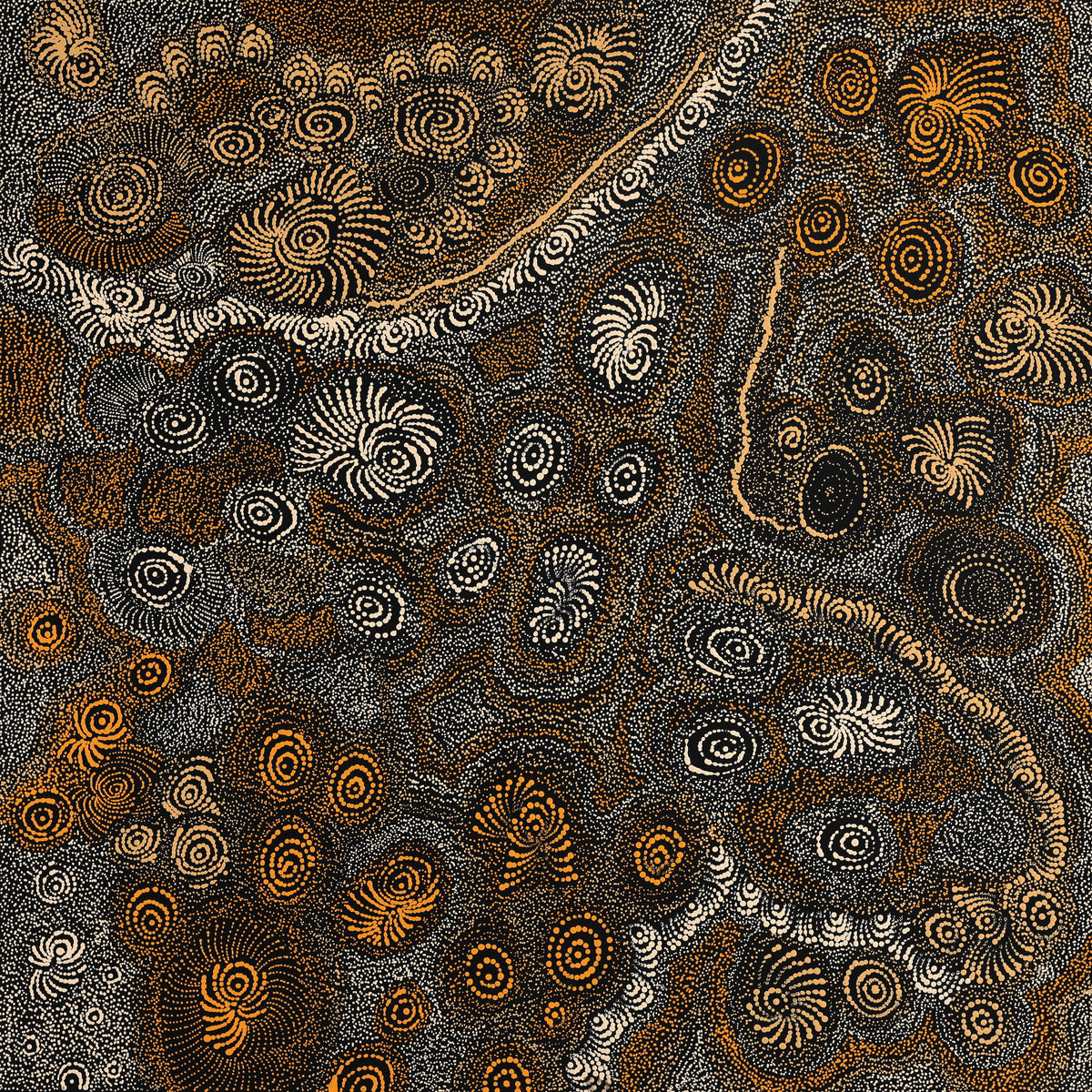 Aboriginal Artwork by Maria Nampijinpa Brown, Ngapa Jukurrpa - Mikanji, 91x91cm
