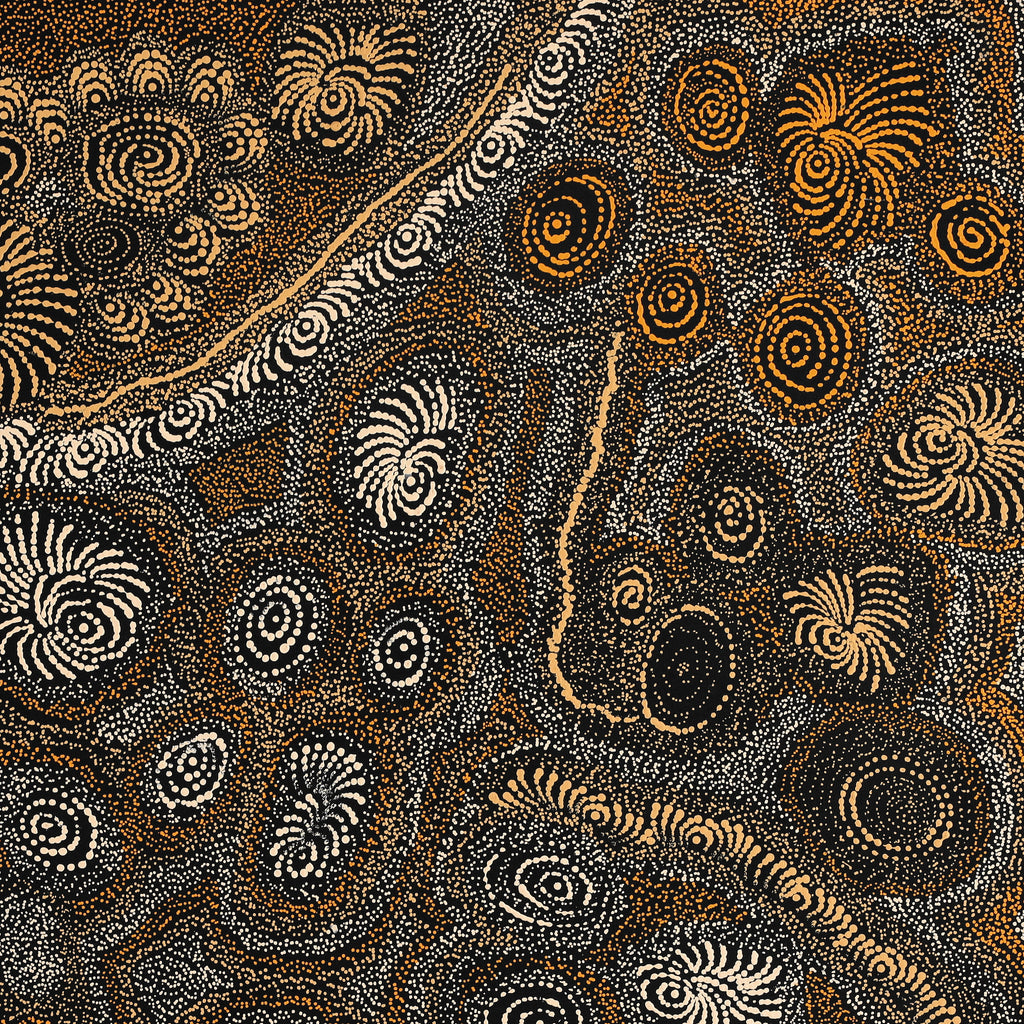Aboriginal Artwork by Maria Nampijinpa Brown, Ngapa Jukurrpa - Mikanji, 91x91cm