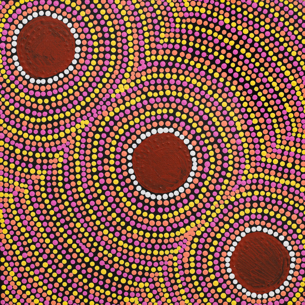Aboriginal Artwork by Lorraine Napangardi Wheeler, Lukarrara Jukurrpa (Desert Fringe-rush Seed Dreaming), 30x30cm