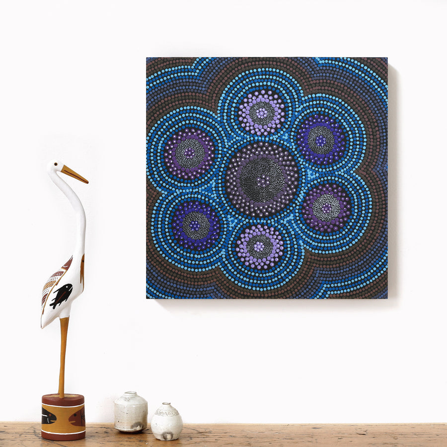 Aboriginal Artwork by Lyn Nungarrayi Sims, Napaljarri-warnu Jukurrpa (Seven Sisters Dreaming), 40x40cm