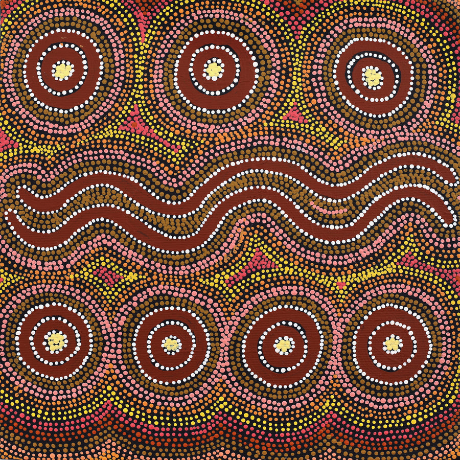 Aboriginal Artwork by Lyn Nungarrayi Sims, Wanakiji Jukurrpa (Bush Tomato Dreaming), 30x30cm