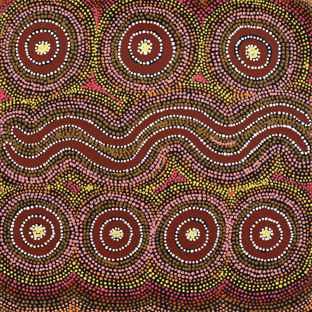 Aboriginal Art by Lyn Nungarrayi Sims, Wanakiji Jukurrpa (Bush Tomato Dreaming), 30x30cm - ART ARK®