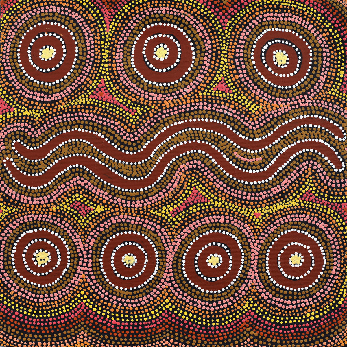 Aboriginal Art by Lyn Nungarrayi Sims, Wanakiji Jukurrpa (Bush Tomato Dreaming), 30x30cm - ART ARK®