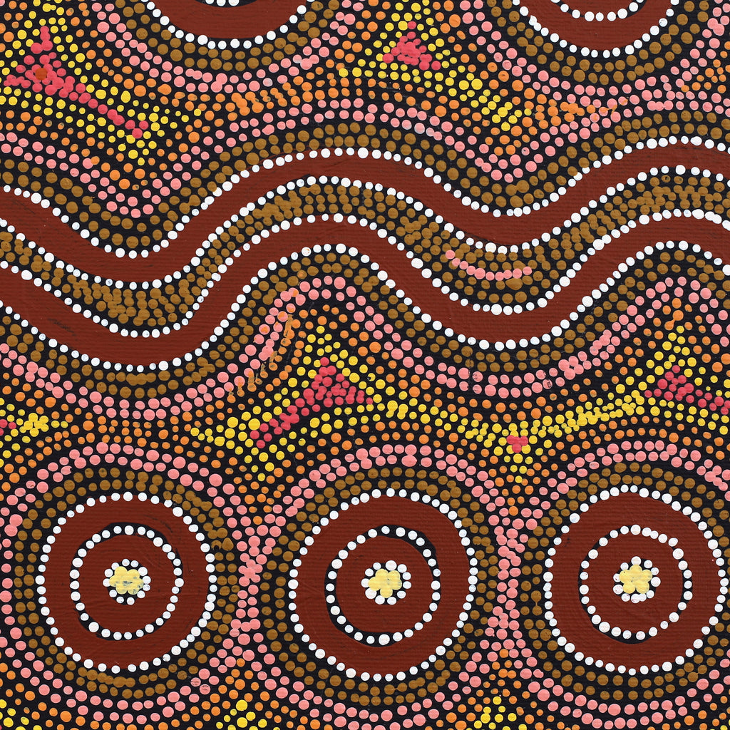 Aboriginal Artwork by Lyn Nungarrayi Sims, Wanakiji Jukurrpa (Bush Tomato Dreaming), 30x30cm