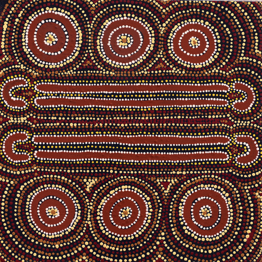 Aboriginal Artwork by Lyn Nungarrayi Sims, Wanakiji Jukurrpa (Bush Tomato Dreaming), 30x30cm