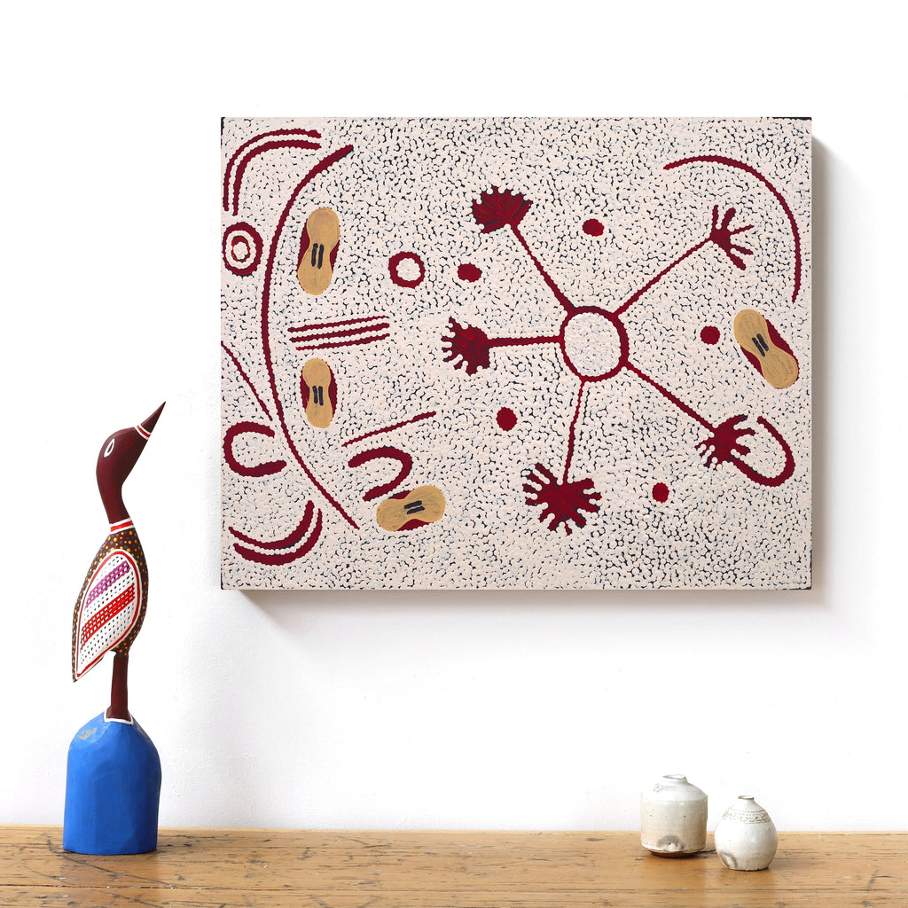 Aboriginal Artwork by Lynette Nampijinpa Granites, Warlukurlangu Jukurrpa (Fire country Dreaming), 50x40cm