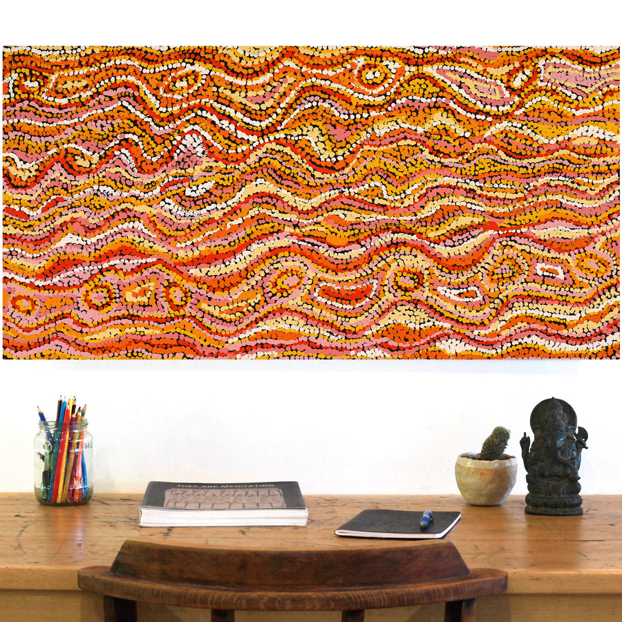 Aboriginal Artwork by Magda Nakamarra Curtis, Lappi Lappi Jukurrpa, 91x46cm