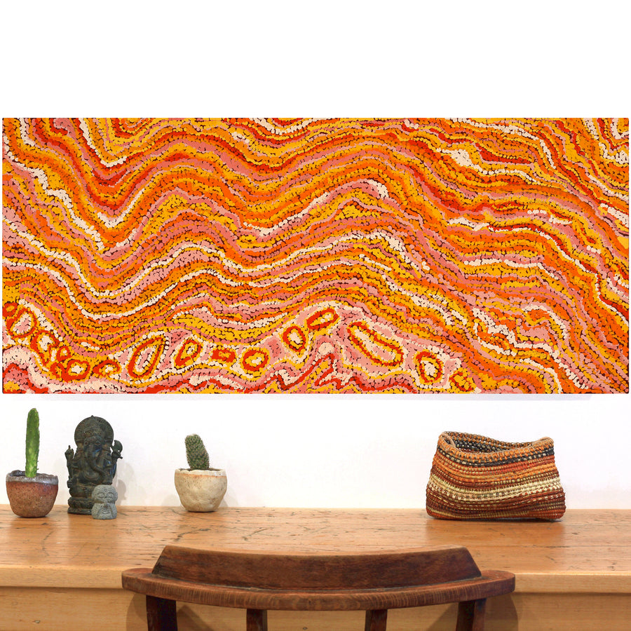 Aboriginal Artwork by Magda Nakamarra Curtis, Lappi Lappi Jukurrpa, 107x46cm