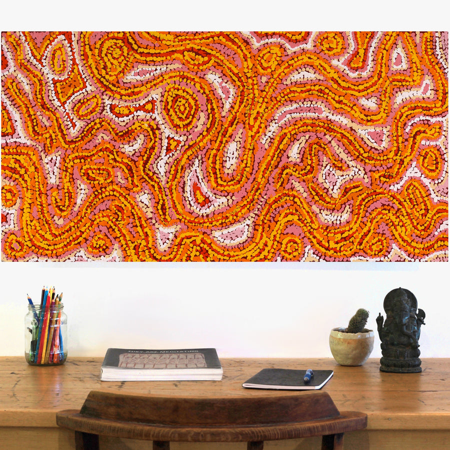 Aboriginal Artwork by Magda Nakamarra Curtis, Lappi Lappi Jukurrpa, 91x46cm