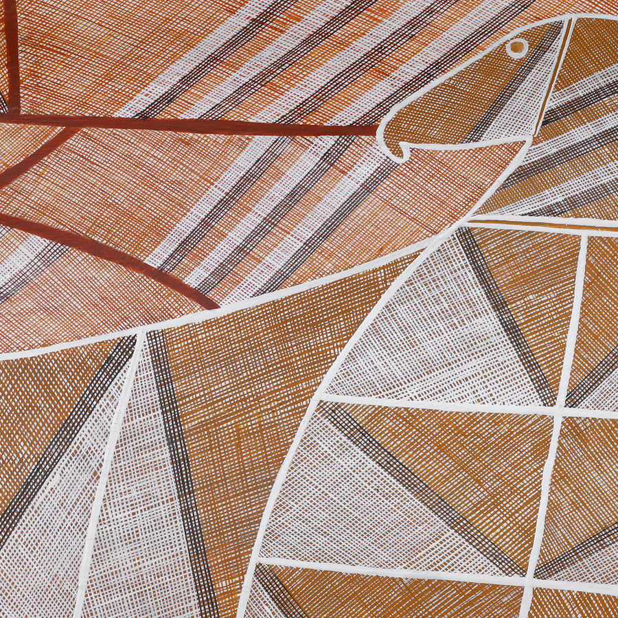 Aboriginal Artwork by Manasseh Namunjdja, Mibbarr (White-bellied Sea Eagle), 111x61m Bark Painting