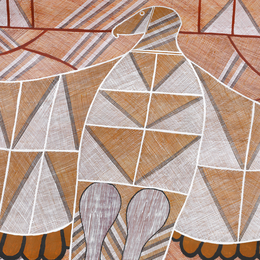 Aboriginal Artwork by Manasseh Namunjdja, Mibbarr (White-bellied Sea Eagle), 111x61m Bark Painting