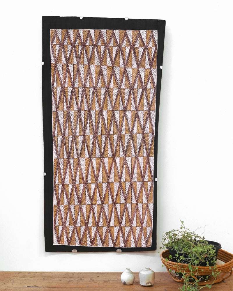 Aboriginal Artwork by Marcus Cameron, 93x48cm Bark Painting
