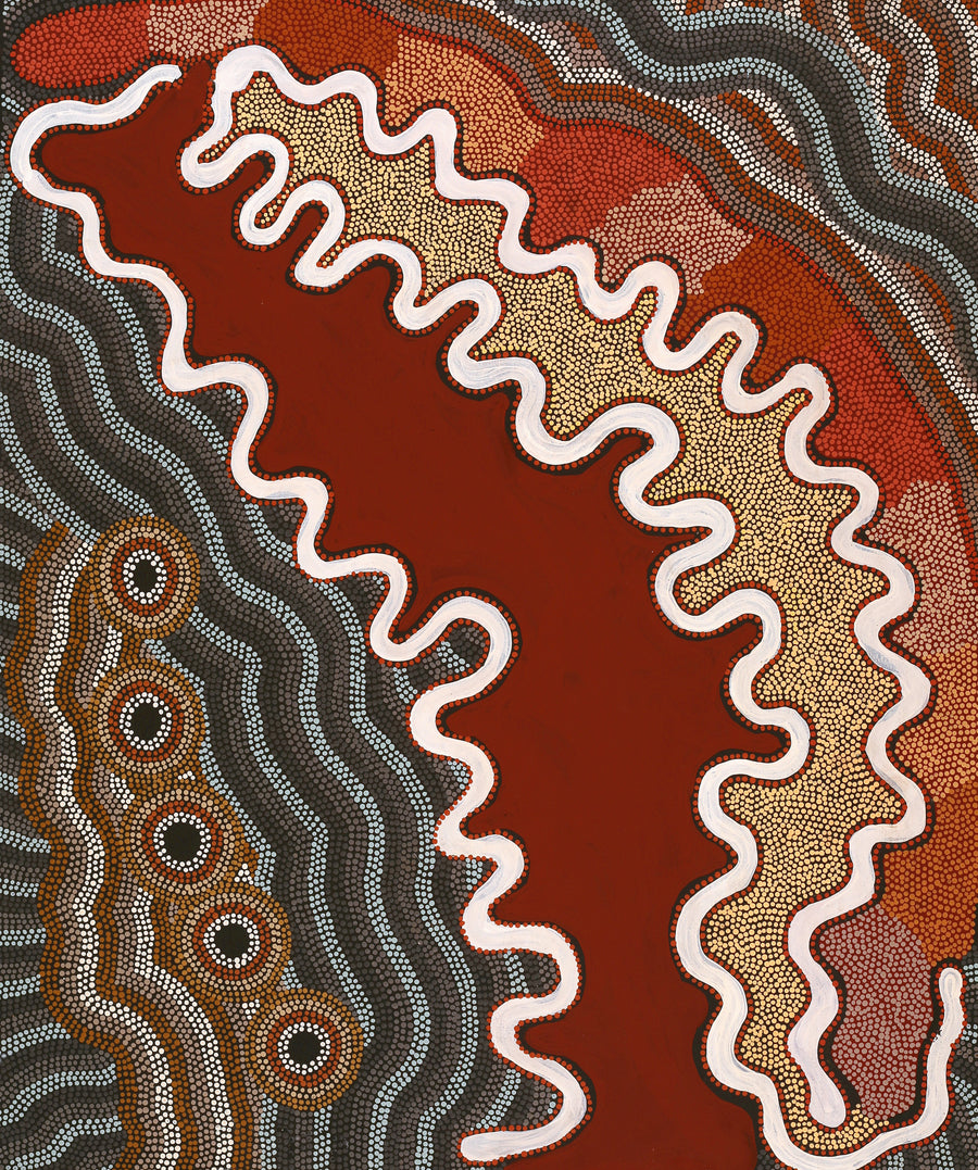 Aboriginal Artwork by Margaret Donegan, Wati Kutjara Wanampi, 91x76cm