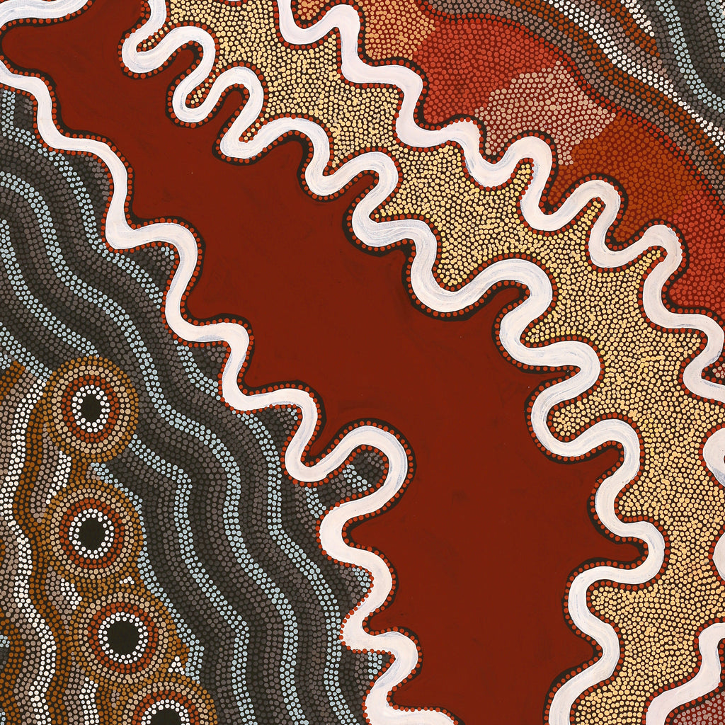 Aboriginal Artwork by Margaret Donegan, Wati Kutjara Wanampi, 91x76cm