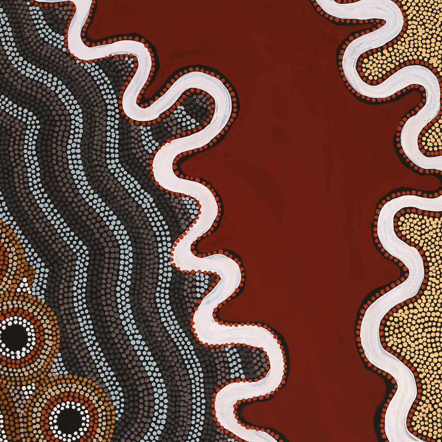 Aboriginal Artwork by Margaret Donegan, Wati Kutjara Wanampi, 91x76cm