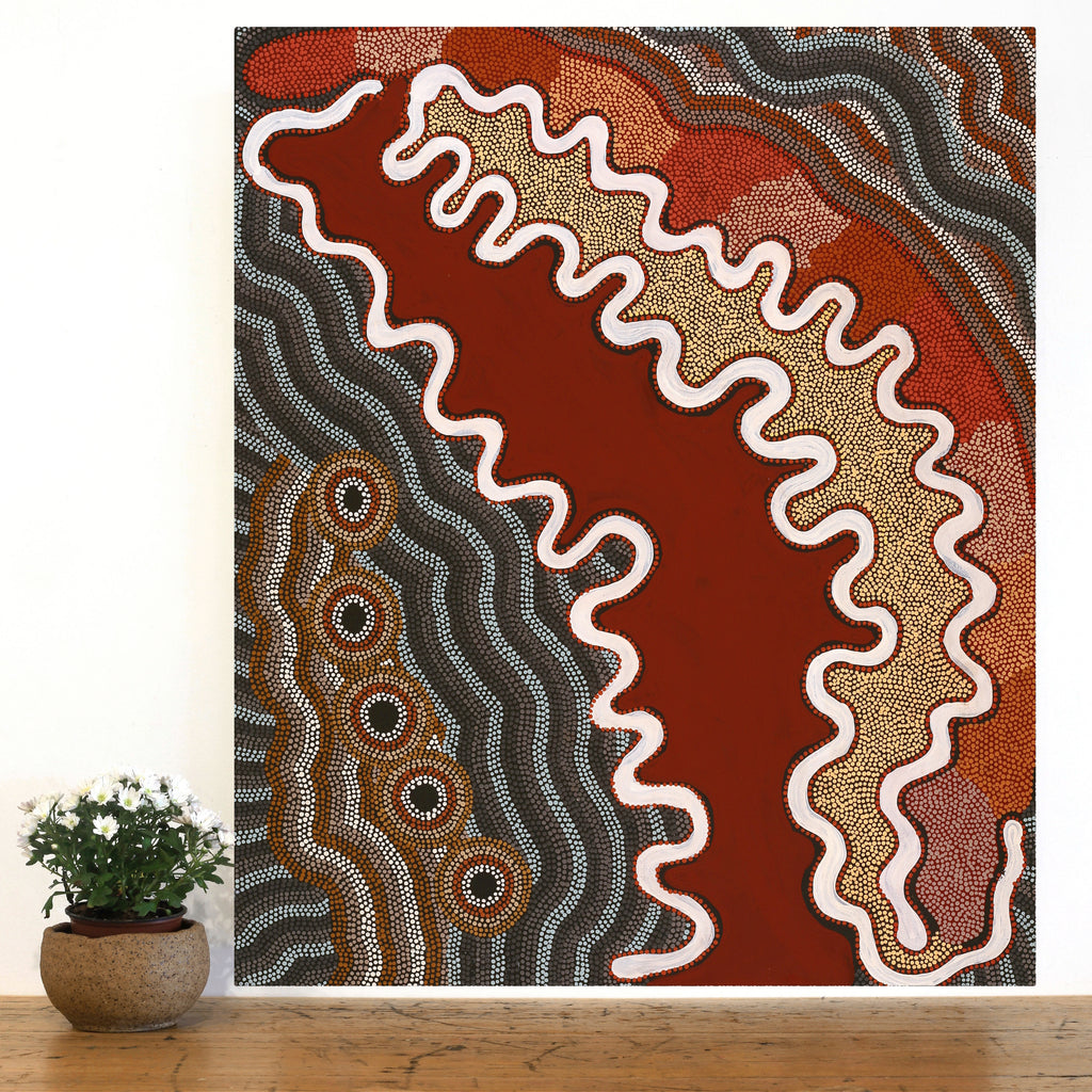 Aboriginal Artwork by Margaret Donegan, Wati Kutjara Wanampi, 91x76cm