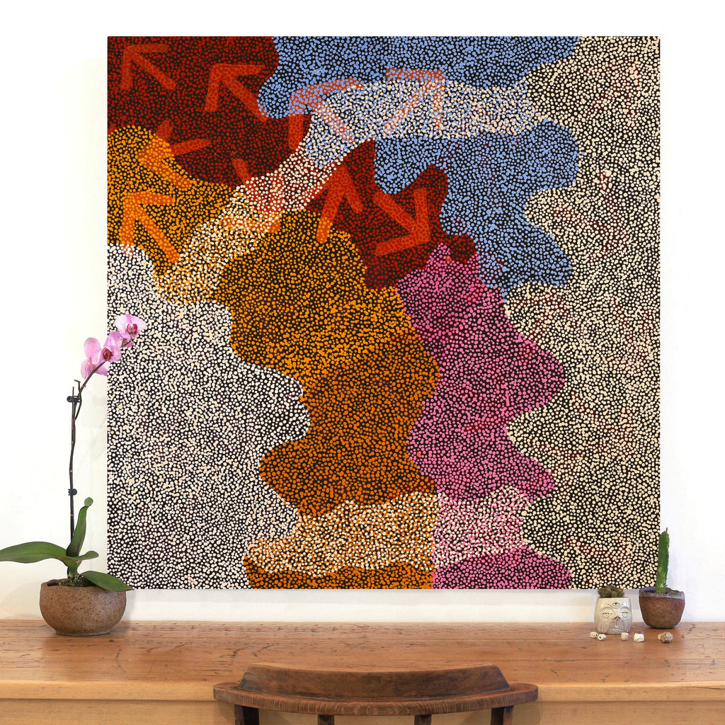 Aboriginal Artwork by Margaret Nangala Gallagher, Yankirri Jukurrpa (Emu Dreaming), 107x107cm