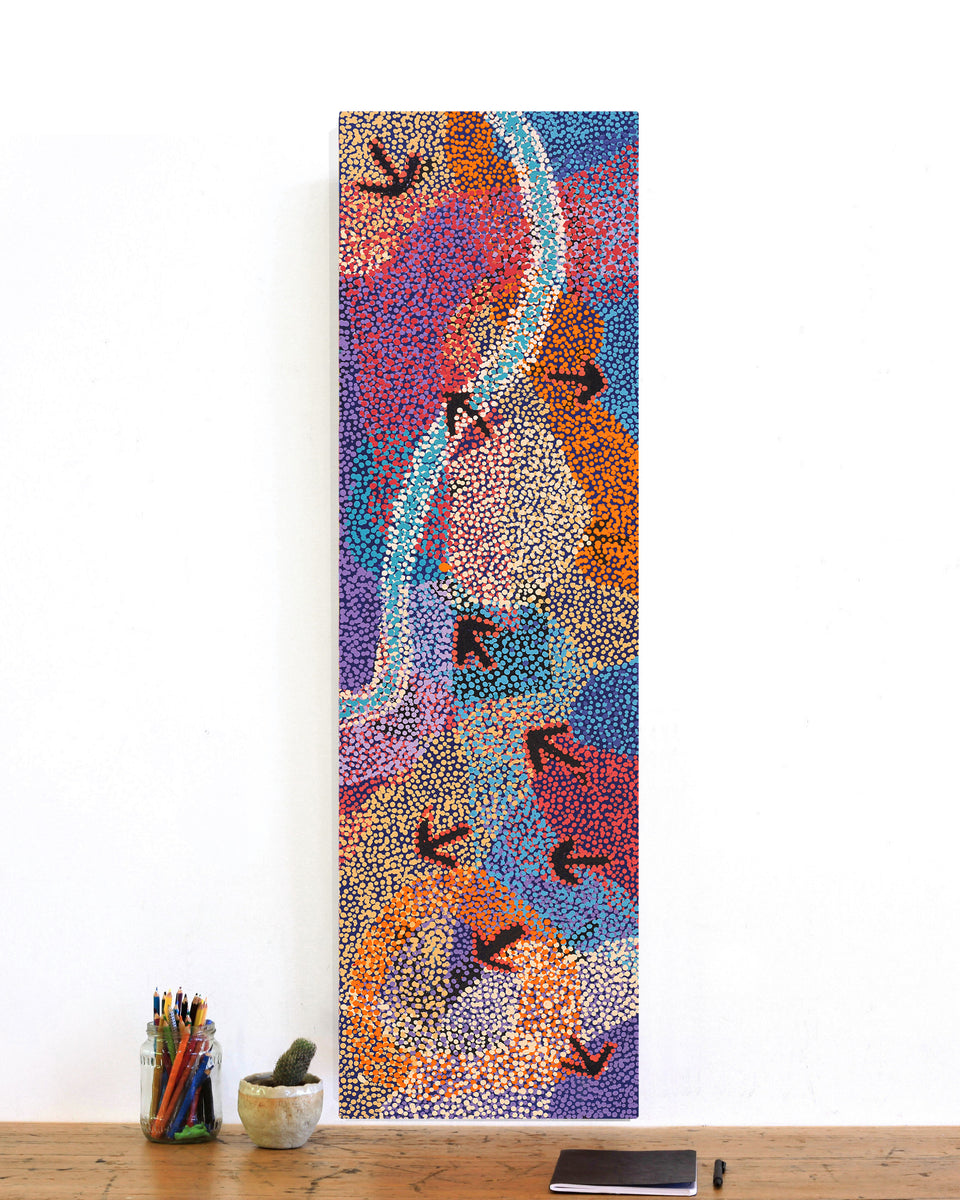 Aboriginal Artwork by Margaret Nangala Gallagher, Yankirri Jukurrpa (Emu Dreaming), 107x30cm