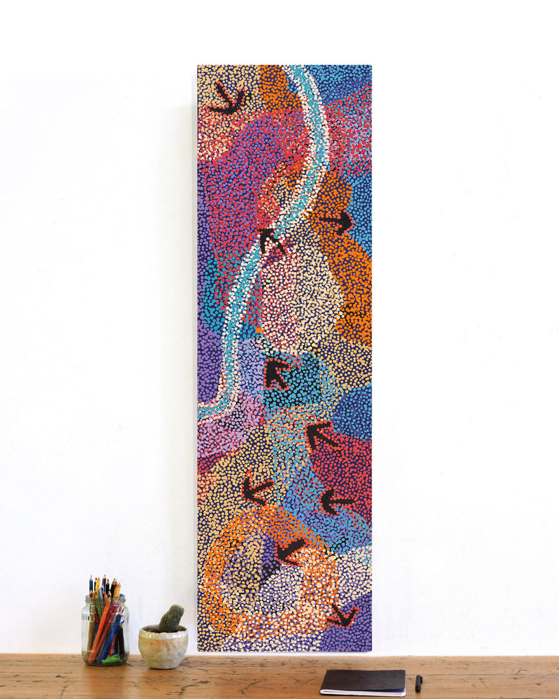 Aboriginal Artwork by Margaret Nangala Gallagher, Yankirri Jukurrpa (Emu Dreaming), 107x30cm