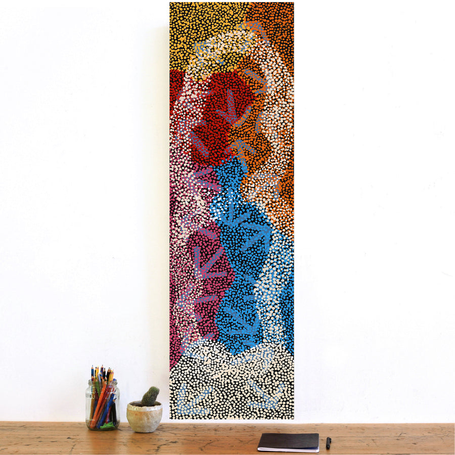 Aboriginal Artwork by Margaret Nangala Gallagher, Yankirri Jukurrpa (Emu Dreaming), 107x30cm