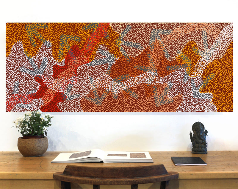 Aboriginal Artwork by Margaret Nangala Gallagher, Yankirri Jukurrpa (Emu Dreaming), 122x46cm